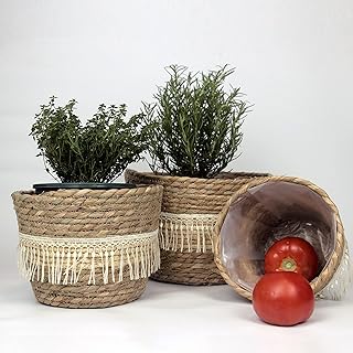 Lot de 3 Panier en jonc de mer pour l'intérieur et l'extérieur, Cache-Pots Ronds Paniers à Plantes avec des Glands bohémiens Panier de Rangement pour la décoration de la Maison, Le Salon et Le Balcon