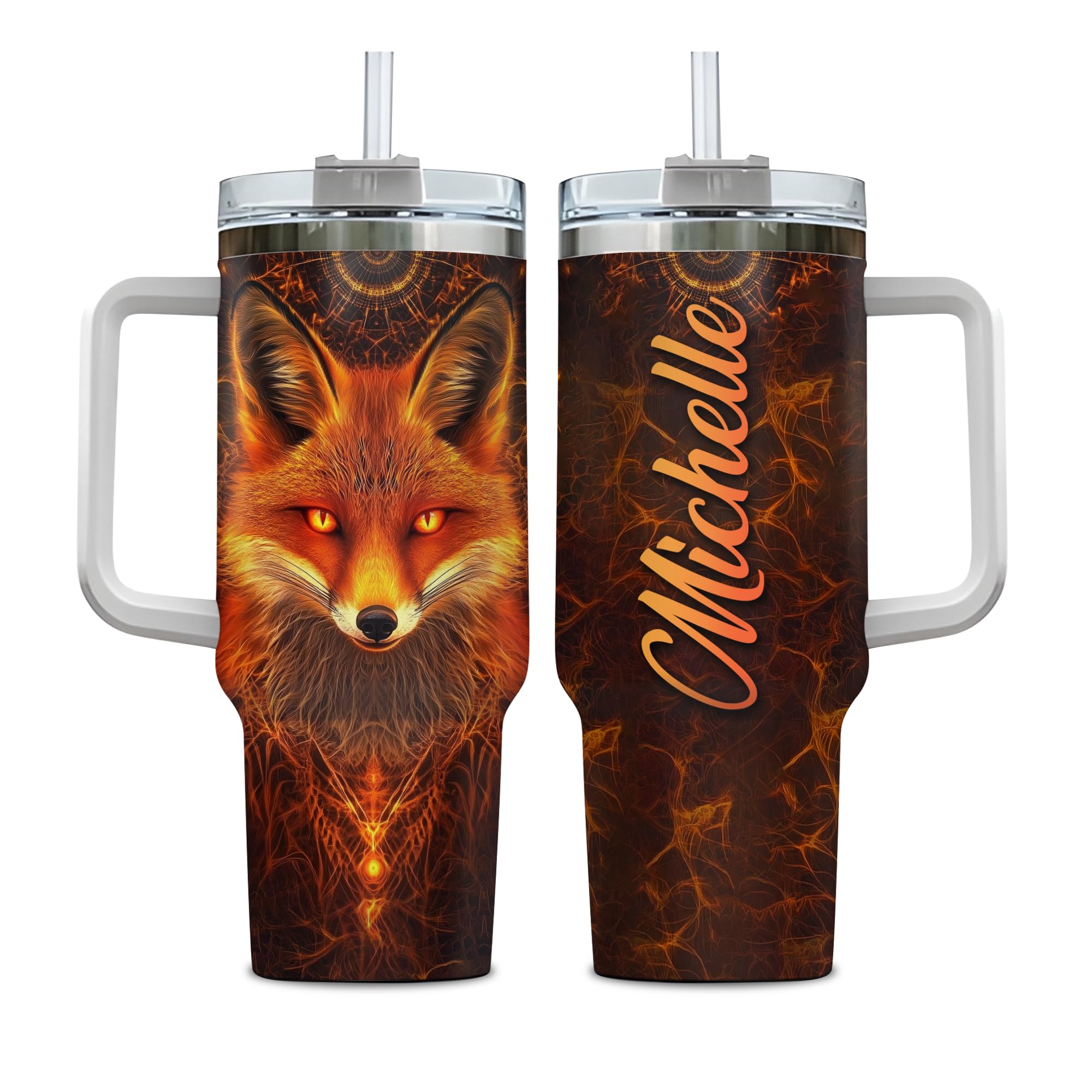 Hyturtle Personalized Fox 40oz Insulated Stainless Steel Travel Tumbler With Lid Straw - Fox Gifts For Women Men - Wild Animal Gifts On Birthday