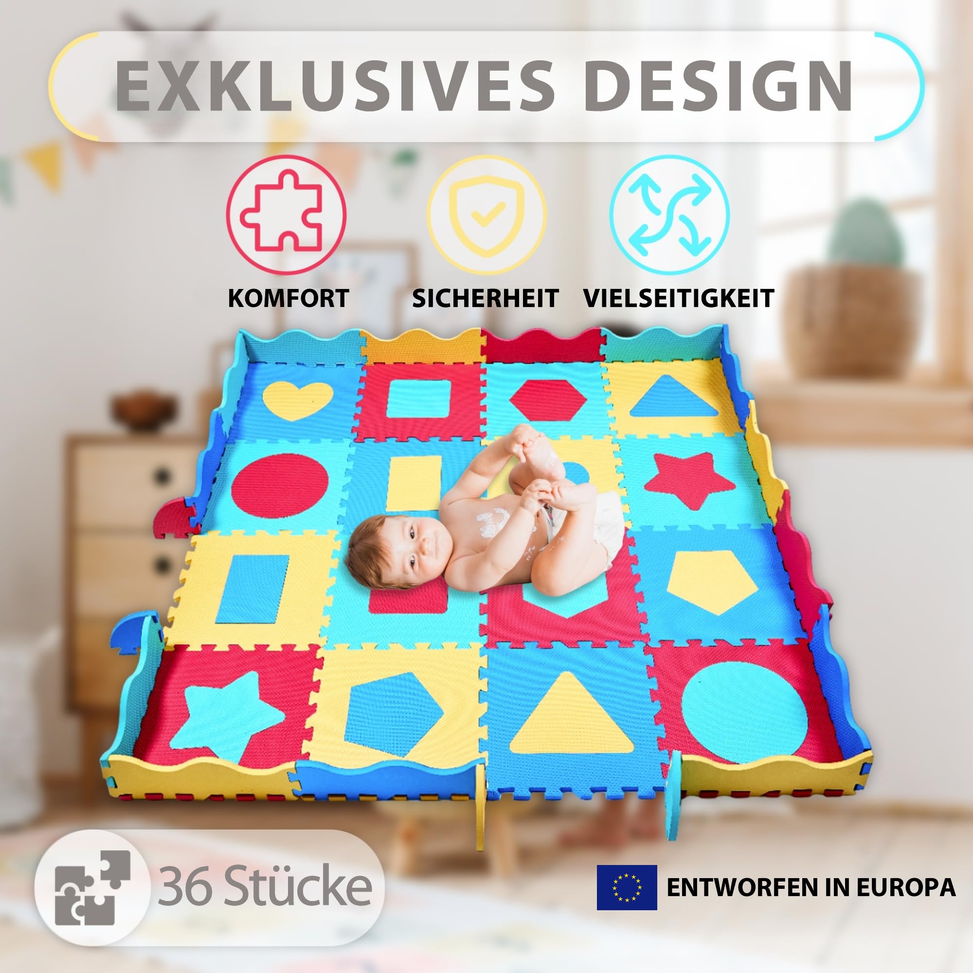 Puzzlematte Baby Eva-Schaumstoff 140x140 cm – Krabbelmatte 1,2 cm Dicke mit 36 Austauschbaren Teilen, Randstücken und Aufbewahrungstasche | Baby Spielmatte rutschfest