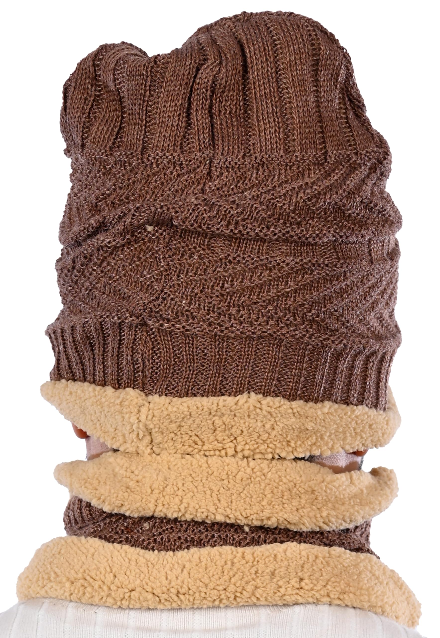 MUKHAKSH (Pack of 1 Set = 1 Beanie + 1 Neck Warmer Boys Winter Woolen Warm Brown Sherpa Beanie Neck Warmer Cap for Extreme Weather Cold Winter 2