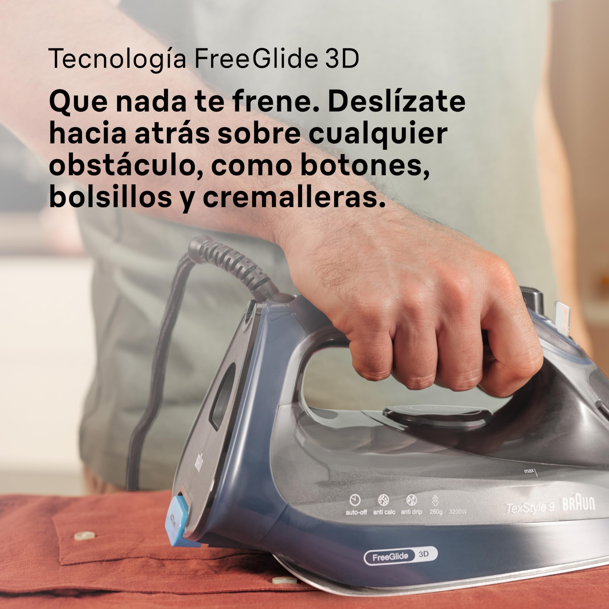Braun TexStyle 9 SI9682 DB - Plancha de vapor con tecnología FreeGlide 3D, vapor vertical, función antigoteo, función de autolimpieza, orificio de llenado de 330 ml, 260 g/min, 3200 W, azul oscuro