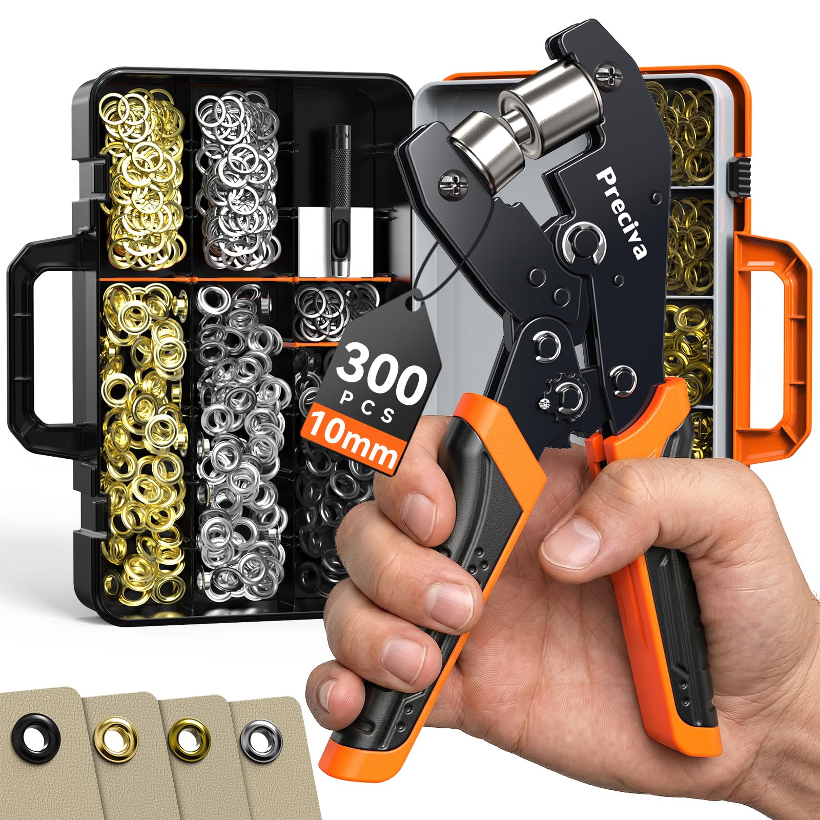 Preciva Ösenzange Set 10mm mit Aufbewahrungsbox | 300x Ösen in 4 Farben (Gold, Silber, Schwarz, Kupfer) | Hebelsystem & Ratschenmechanik | Ideal für Planen, Banner, Pappe & Leder