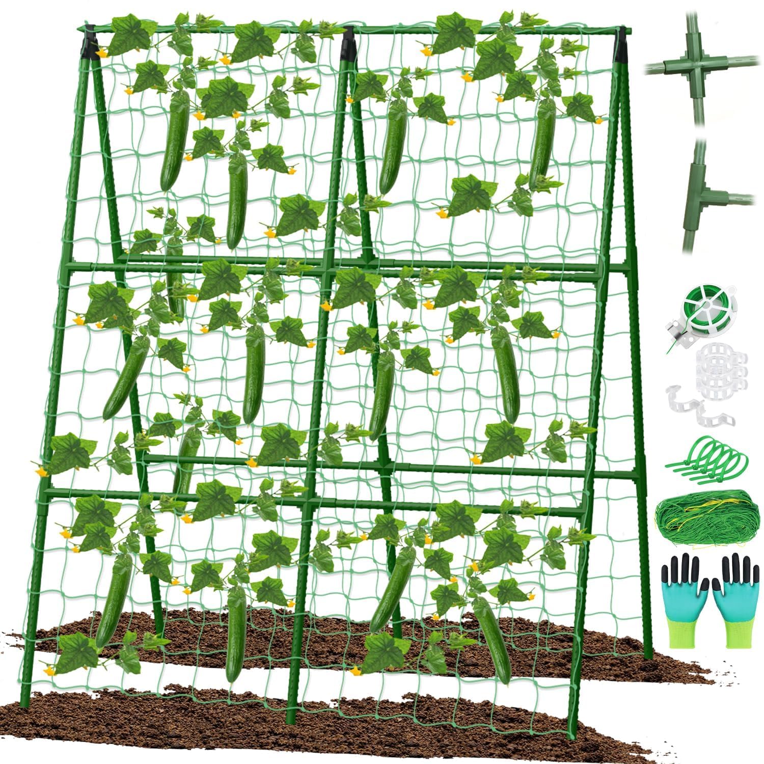 Cucumber Trellis for Raised Bed, 79 x 119 cm Adjustable A-Frame Garden Trellis with Netting, Rustproof Metal Climbing Plant Support Frame Clips Ties Gloves for Beans Peas Tomatoes Flower Vines