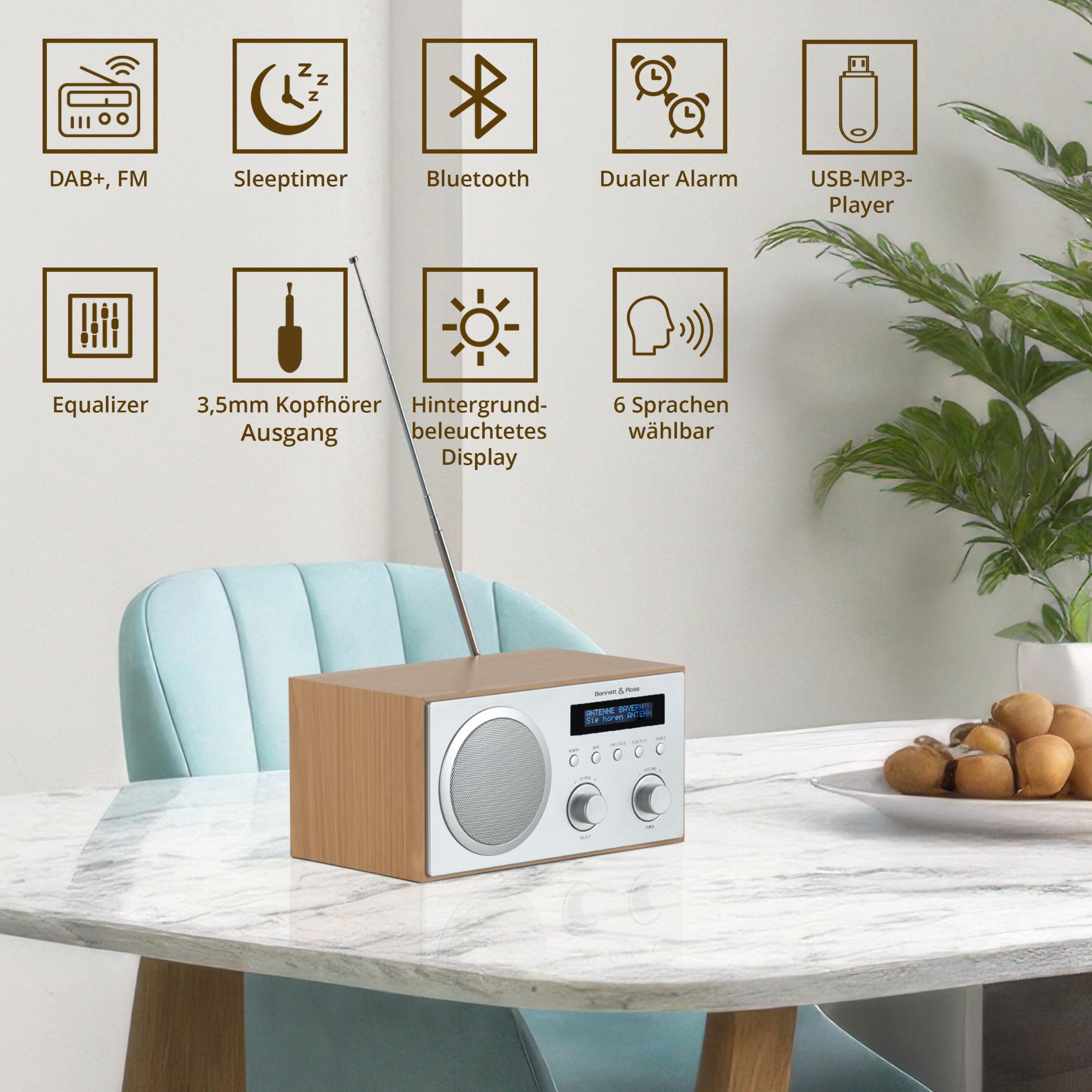 Bennett & Ross DAB-258 NT Vikedal DAB+/FM Digitalradio - Bluetooth Streaming vom Smartphone - USB MP3 Player und AUX - Dual Wecker mit Snooze und Sleep-Timer - LCD-Display - Natur