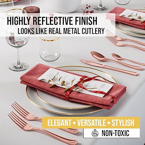 Miniatura 3 de Cucharas de té de plástico de oro rosa resistente, 160 piezas de cubiertos de plástico de oro rosa resistente, juego de cubiertos desechables