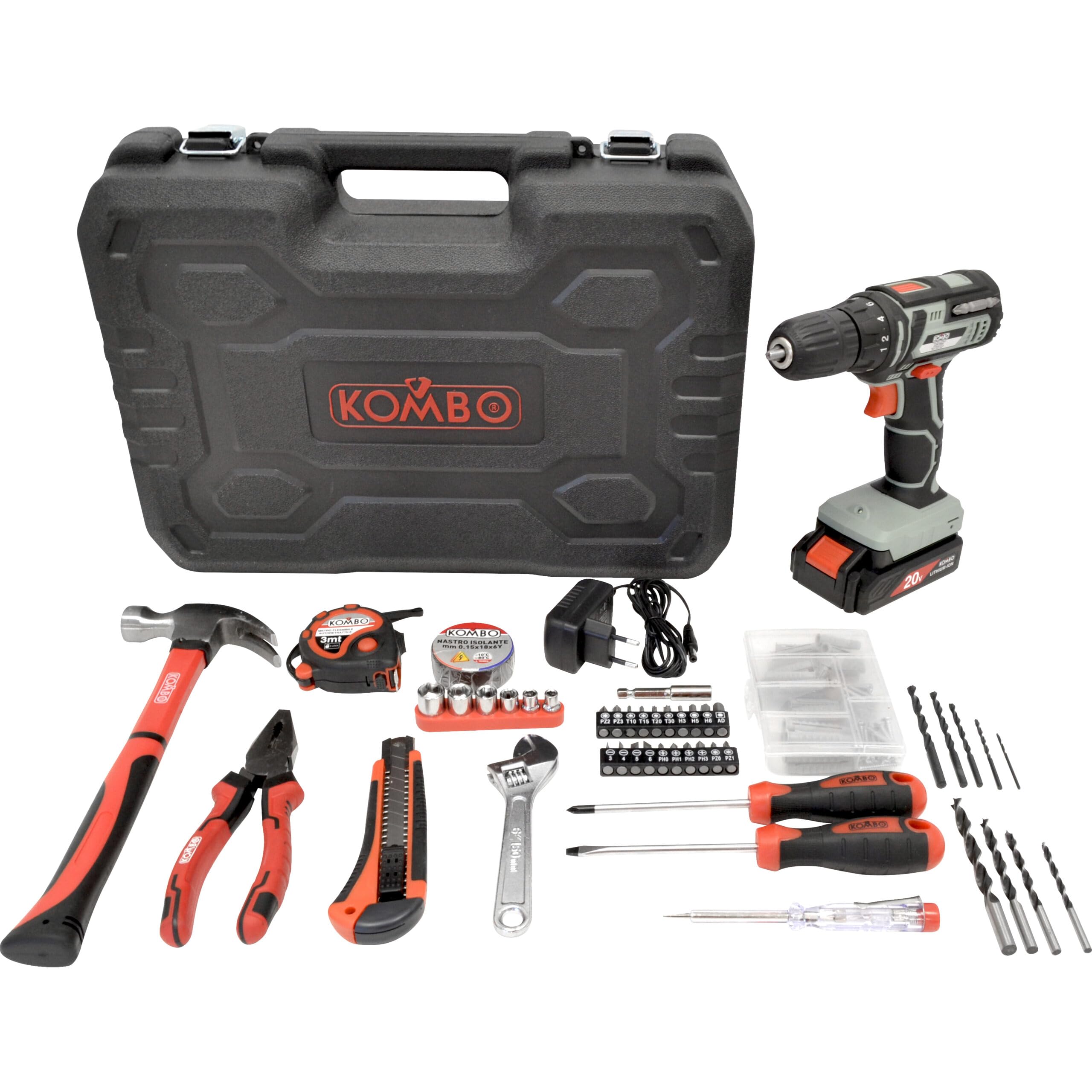 KOMBO - Trapano Avvitatore 20V Cordless con Mandrino 10mm, Coppia 20Nm, 18+1 Posizioni, Batteria Litio 1500mAh, Valigetta con 127 Accessori per Foratura e Avvitatura Multimateriale