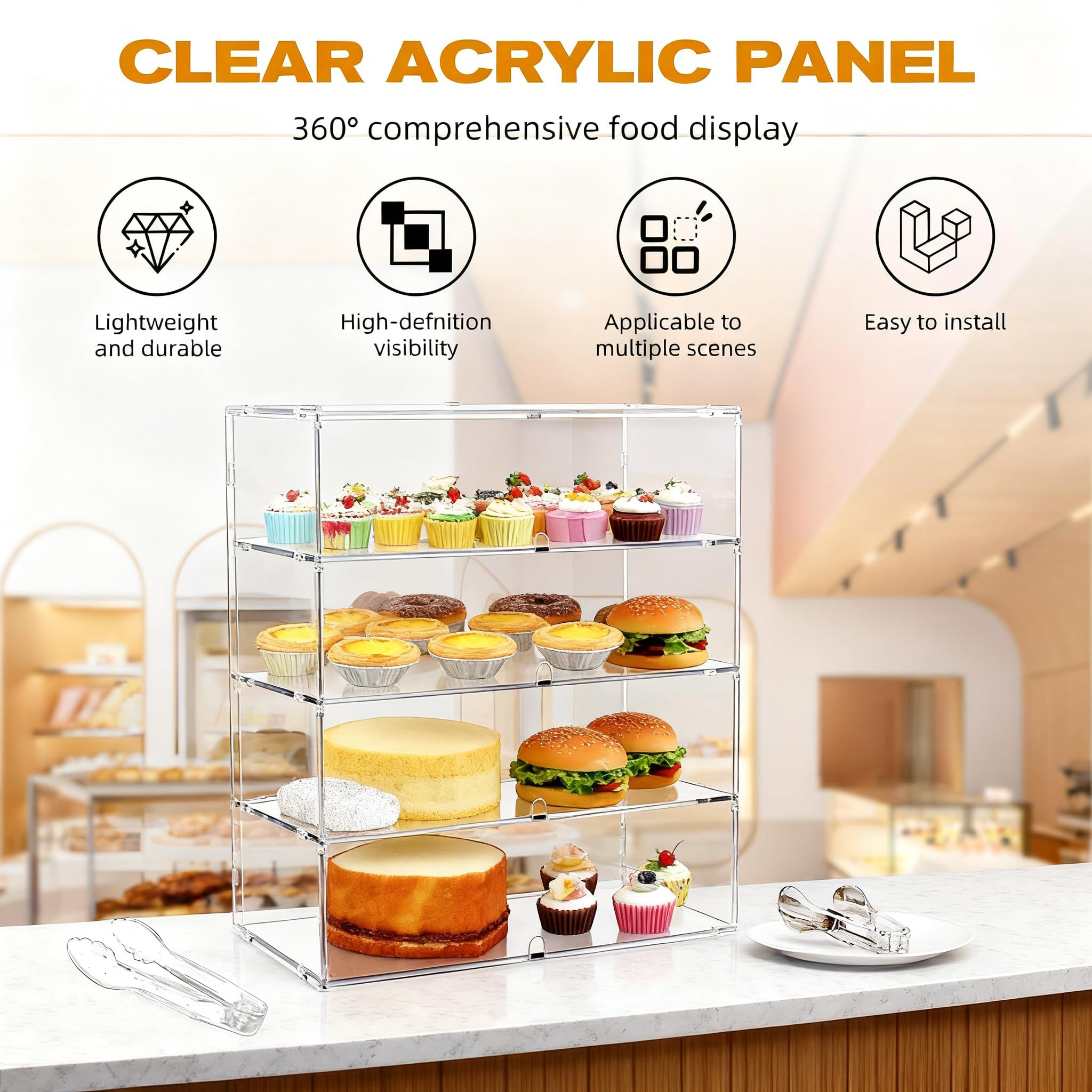 Espositore trasparente a 4 ripiani per pasticceria, vetrina per pasticceria, 49,5 x 52 x 26 cm, per feste, dessert, torte e pane, 5 mm, pannello PETG ad alto impatto