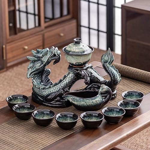 Miniatura 16 de Tetera de cerámica con infusor Juego de té semiautomático, tetera mágica con 8 tazas de color degradado (dragón degradado, C)