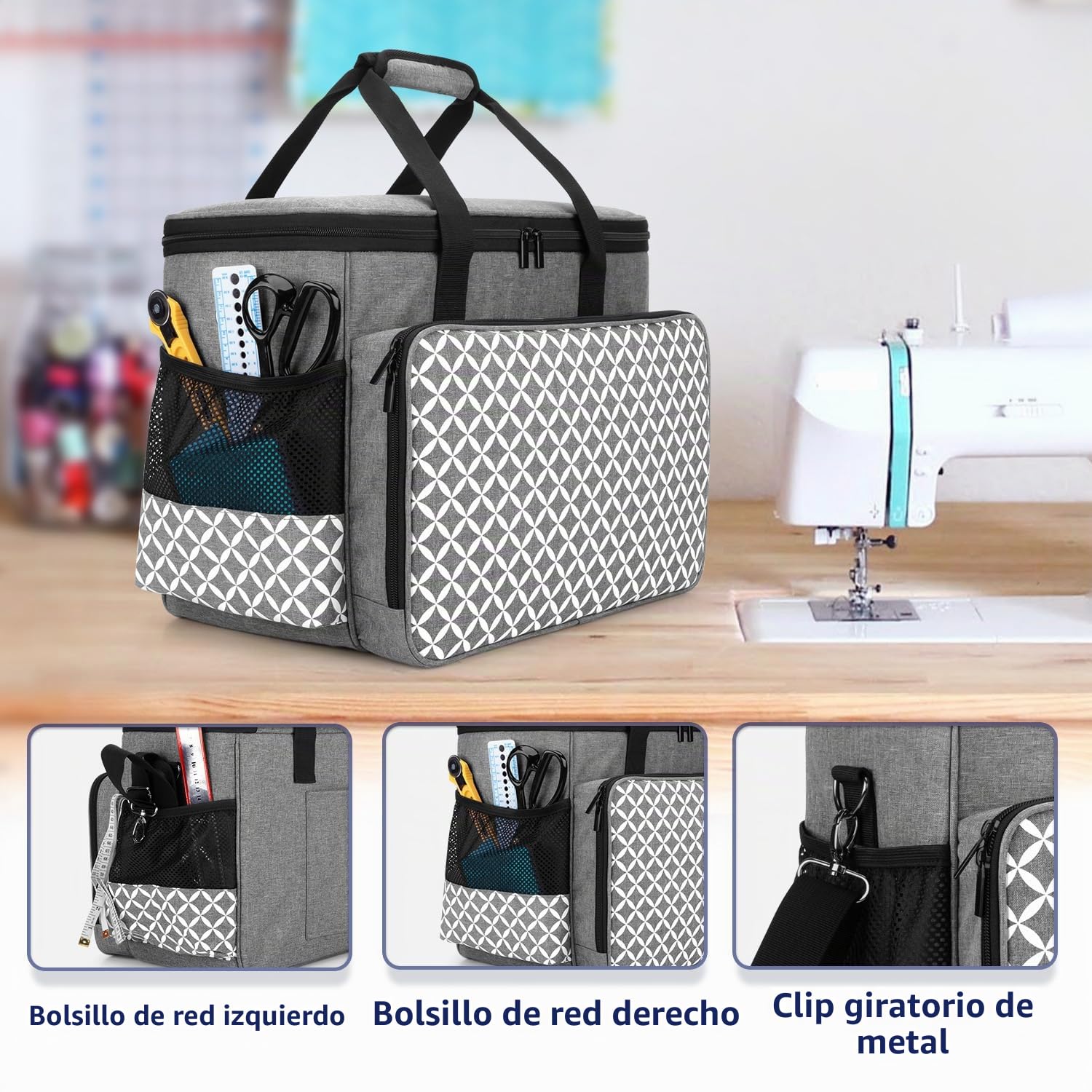 YARWO - Bolsa de Transporte para máquina de Coser con Tabla de Madera para apoyar el Fondo, Adecuado para la mayoría de máquinas en el Mercado, Gris con diseño