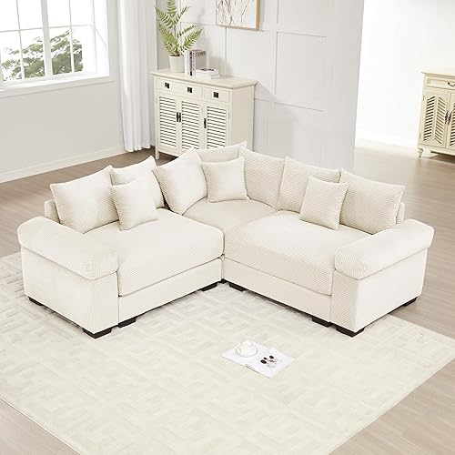 KEIKI 79" L-Shaped Oversized Corduroy Modular Cloud Sectional Sofa with High-Density Foam Cushion, Extra-Thick Armrest, Convertible 3-Seater Fluffy Corner Couch with 10 Pillow, for Living Room, Beige