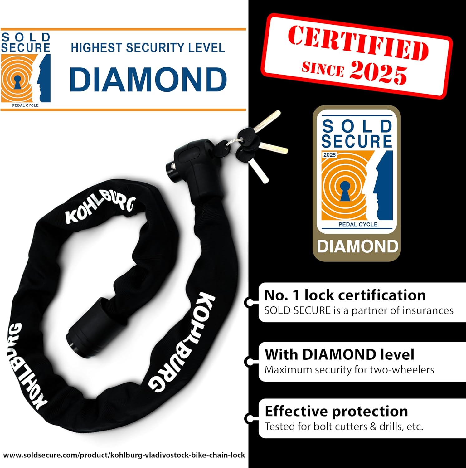 KOHLBURG Heavy-Duty Chain Lock – 4 ft Long [Bolt Cutter Safe] – Maximum Security Level 15 – for Motorcycle, Scooter, Moped, E-Bike, Bicycle – High-Security Bike & Moto-Lock