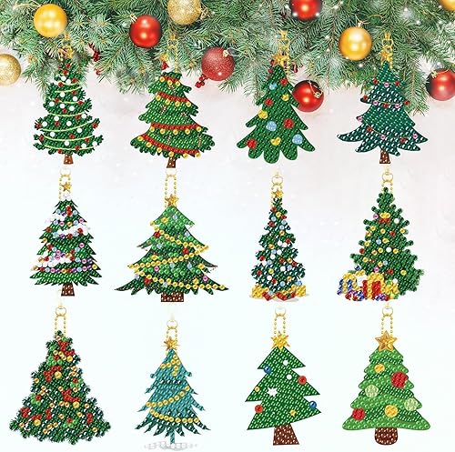 Kit de 12 llaveros de pintura de diamante para árbol de Navidad, de doble cara, para bricolaje, lindo árbol de Navidad, pintura de diamante,