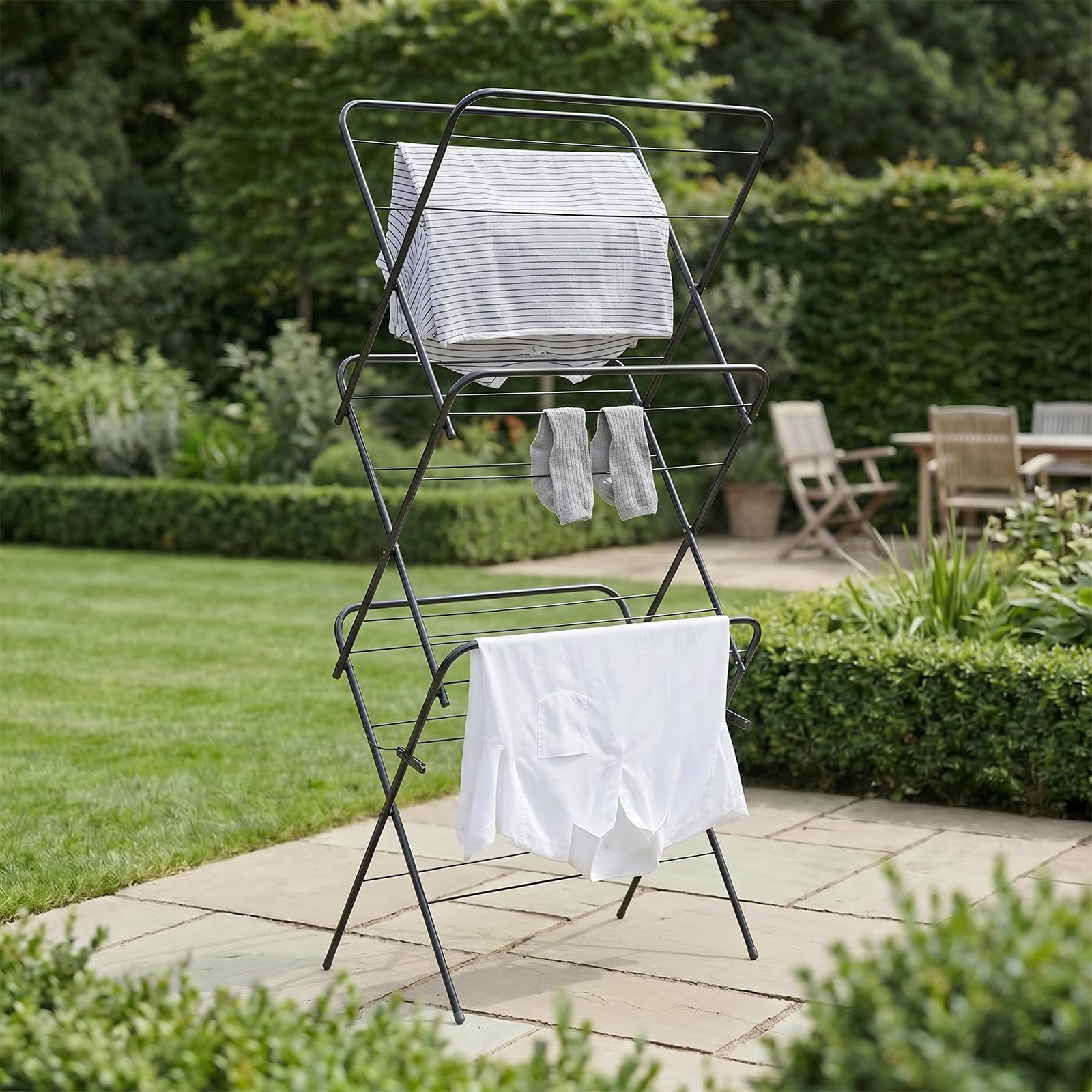 OHS 3 Tier Clothes Dryer Airer Foldable Clothing Rack Drying Horse - 15m Hanging Space - Black