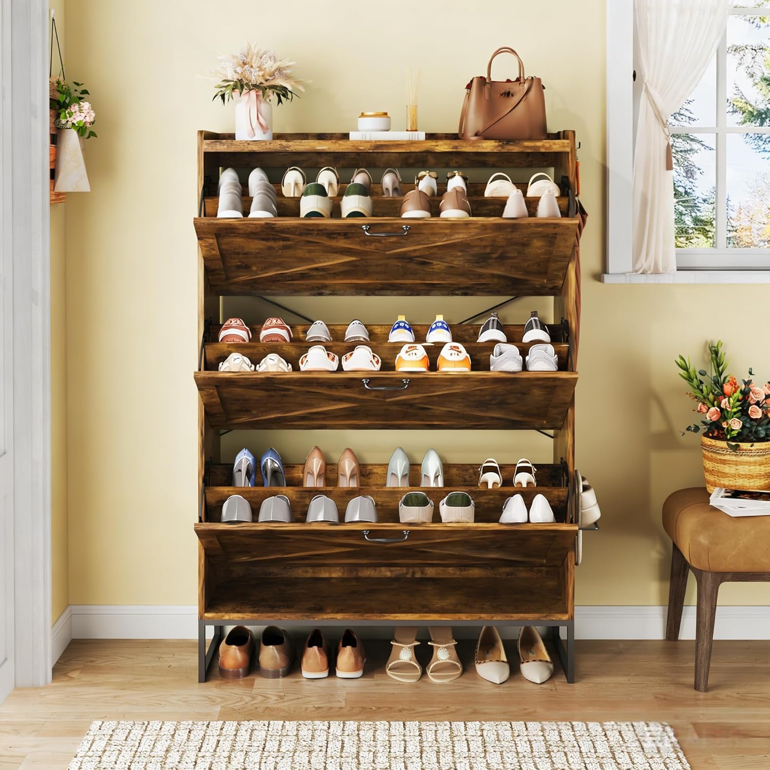 Shoe Cabinet with 3 Flip Drawers, Narrow Shoe Rack Cabinet, Freestanding Wood Shoe Cabinet, Farmhouse Shoe Storage Cabinets for Entryway, Hallway, Foyer, Rustic Brown