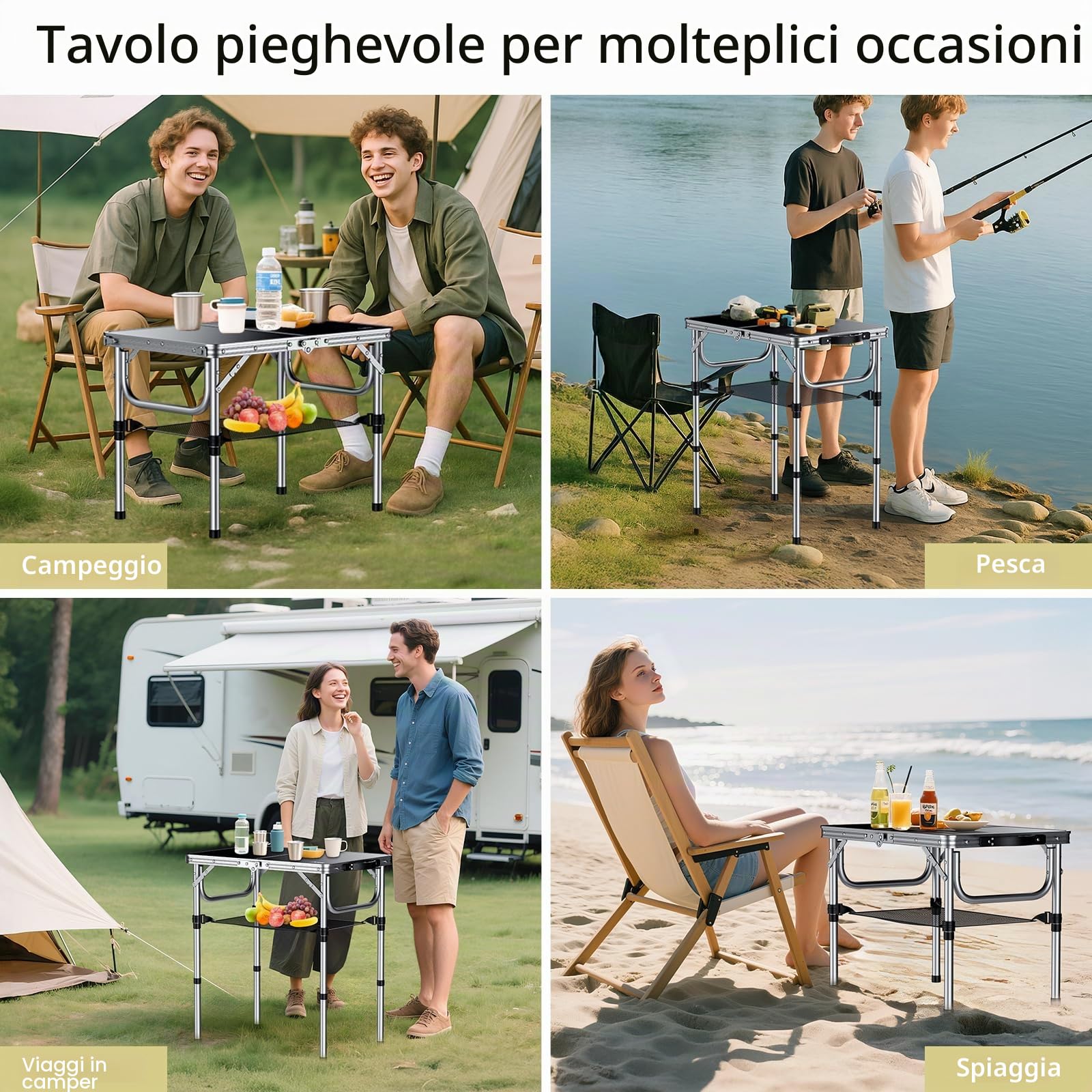 Anbte Tavolo Pieghevole da Campeggio da Caffè 58 * 40 * 67-3 Regolabili in Altezza con Gambe in Alluminio Rinforzato e Filettatura Metallo,Tavolino Portatile per Picnic/Lavoro-Nero