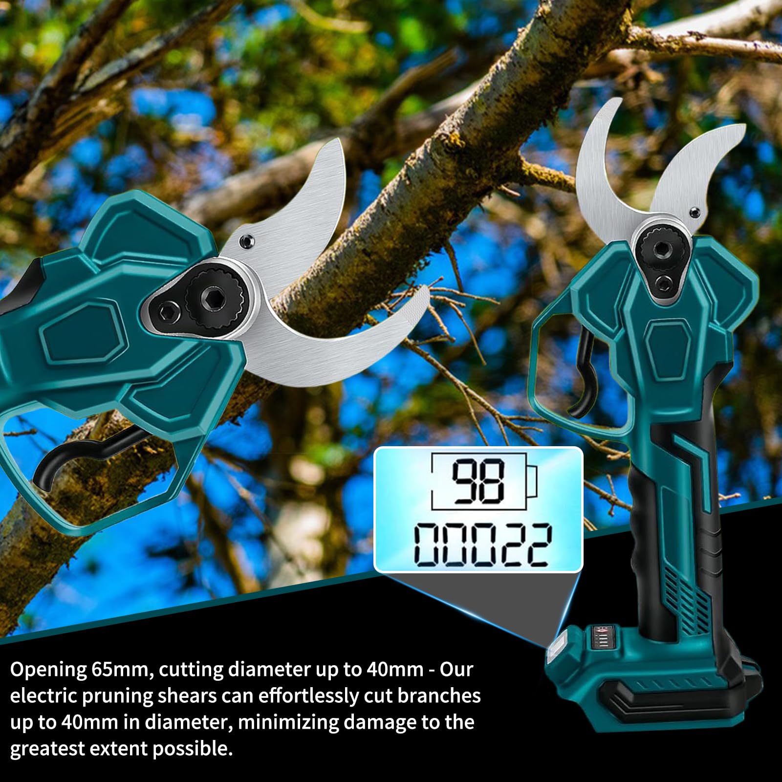 Akku Astschere Elektrische Gartenschere für Makita 18V, Kabellos Akku Gartenschere Max 65mm 4 Gängen Bürstenlose Astschere mit LCD-Display für Zweige, Sträucher, Stämme, Obstbäumen