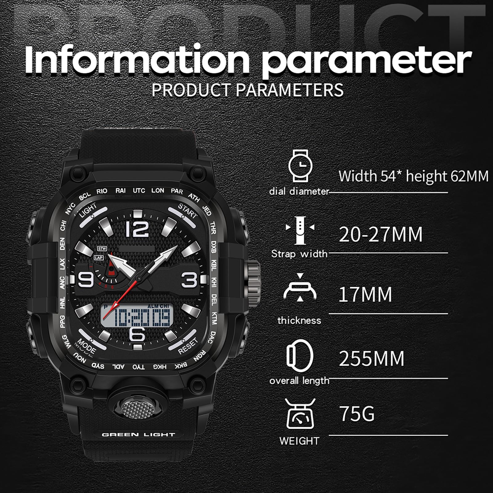 findtime Orologio da polso da uomo, stile militare, quadrato, digitale, analogico, design sportivo, impermeabile fino a 5 ATM, illuminazione, data 12/24 h, cronometro e tre fusi orari