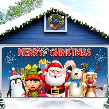 Christmas Garage Door Banner 16 x 7 ft, Merry Christmas Holiday Garage Door Decor Cover Santas Reindeer Garage Door Murals Large Backdrop Background Photo Christmas Party Outdoor Banner