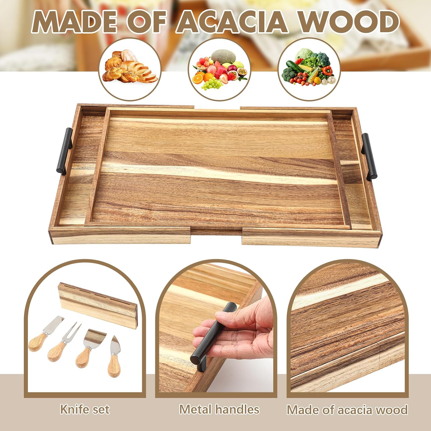 Lounsweer Acacia Expandable 32 Inch Large Charcuterie Board for Party with Handles and Knife Set XL Wood Serving Tray Long Cheese Platter for Gatherings Entertaining House Warming Gift - Image 3