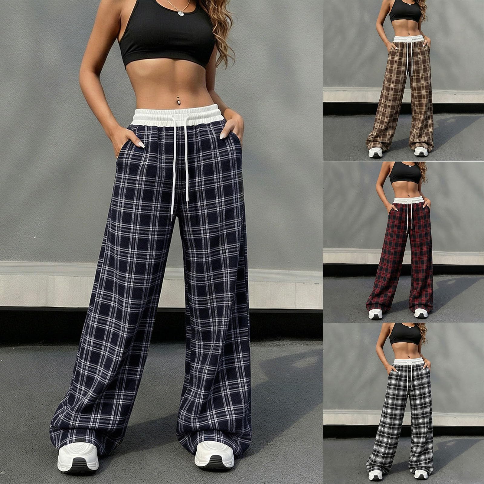 Linen Pants Women Summer Plus Size Patchwork Plaid Wide Leg Pants Baggy Lounge Trousers with Pockets Vintage Y2k Clothes — view 2