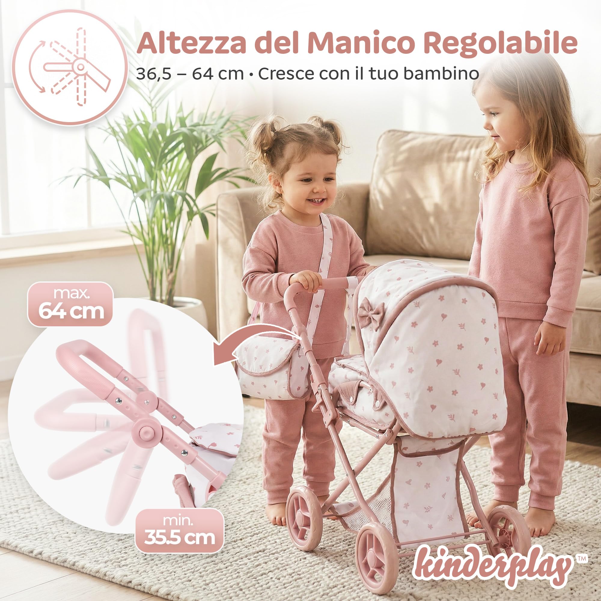 Kinderplay Passeggino per bambole 3 in 1 rosa con borsa per il trasporto – Passeggino regolabile in altezza 36,5 – 64 cm, pieghevole, ruote in schiuma silenziose, per bambole fino a 40 cm, dai 3 anni