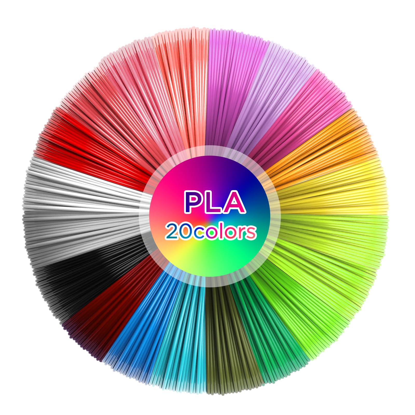 AiQInu 3D Pluma Filamento PLA 1.75mm, Filamento de 3D Pluma, 20 colores, 5 metros, 100 metros in totale