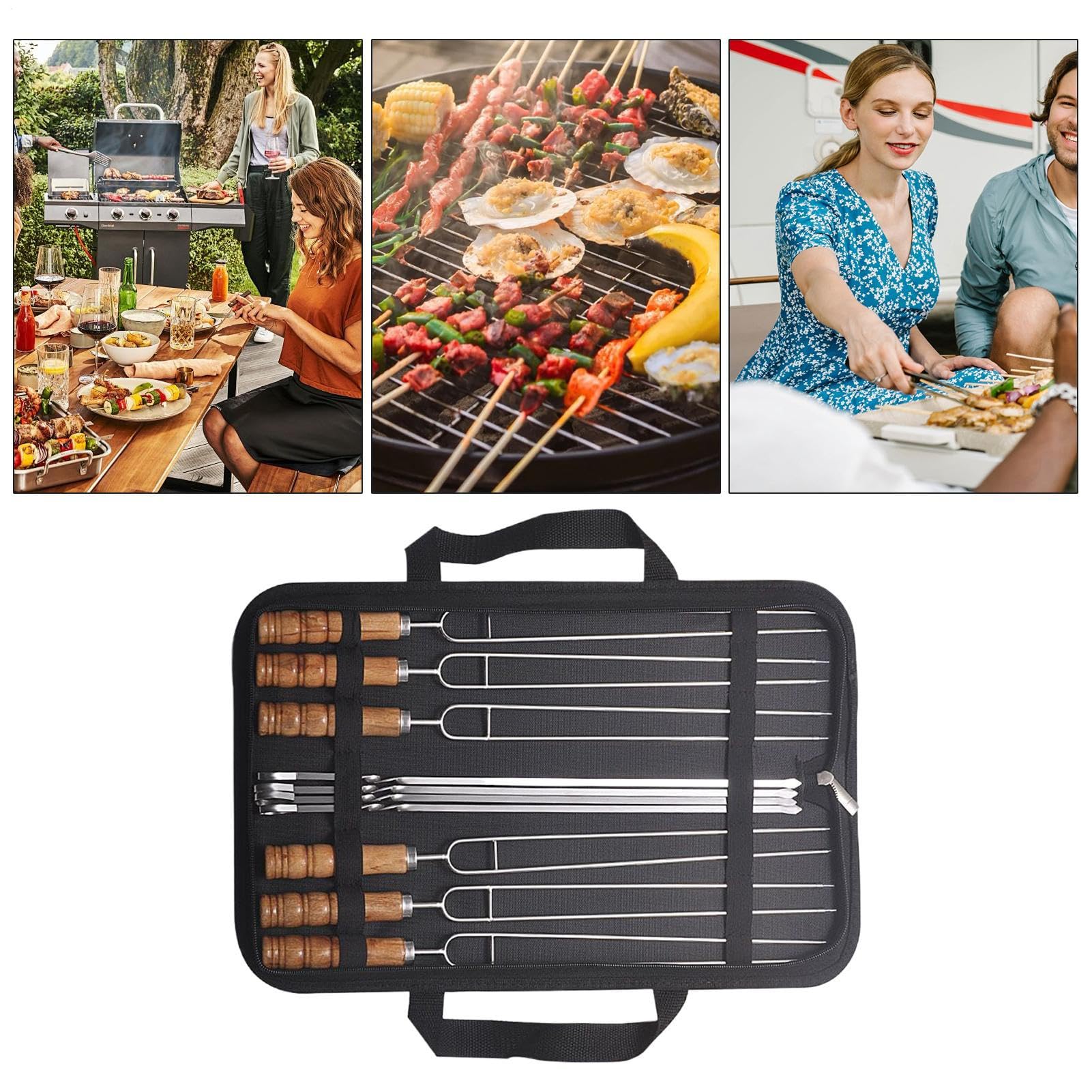 Brochetas Metálicas para Acero Inoxidable Plano Reutilizable Mangos Madera | 10 Piezas Palitos Metálicos de Barbacoa, Brochetas para pollo, carne, gambas, filetes, salchichas, exterior y picnic fa