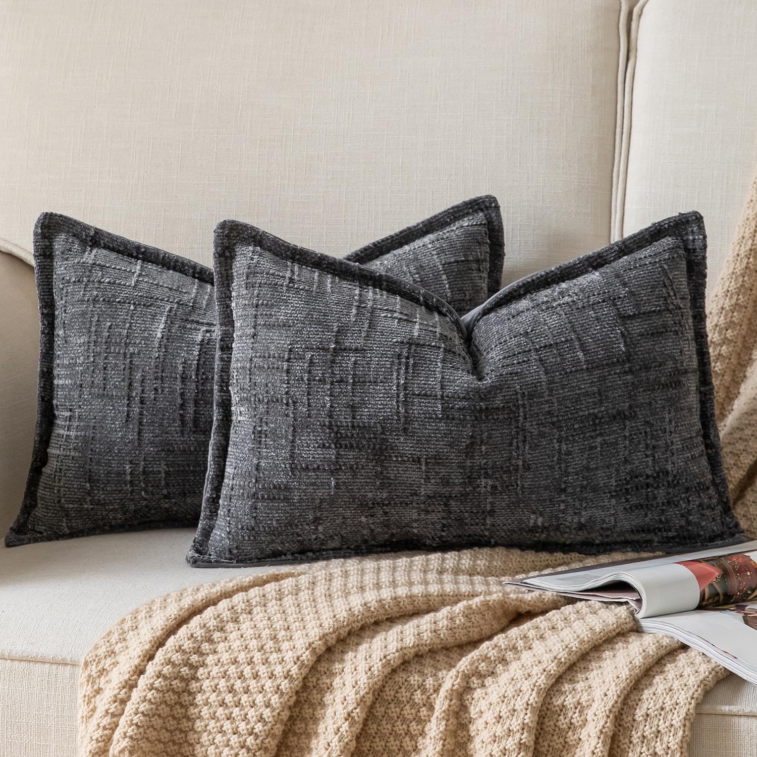 YAERTUN Chenille Cushion Covers 40x80 cm 16x32 inch Set of 2 Textured Broadside Soft Cozy Velvet Throw Pillow covers Farmhouse Boho Decorative Pillow Cases for Couch Bed Sofa Livingroom DarkGray