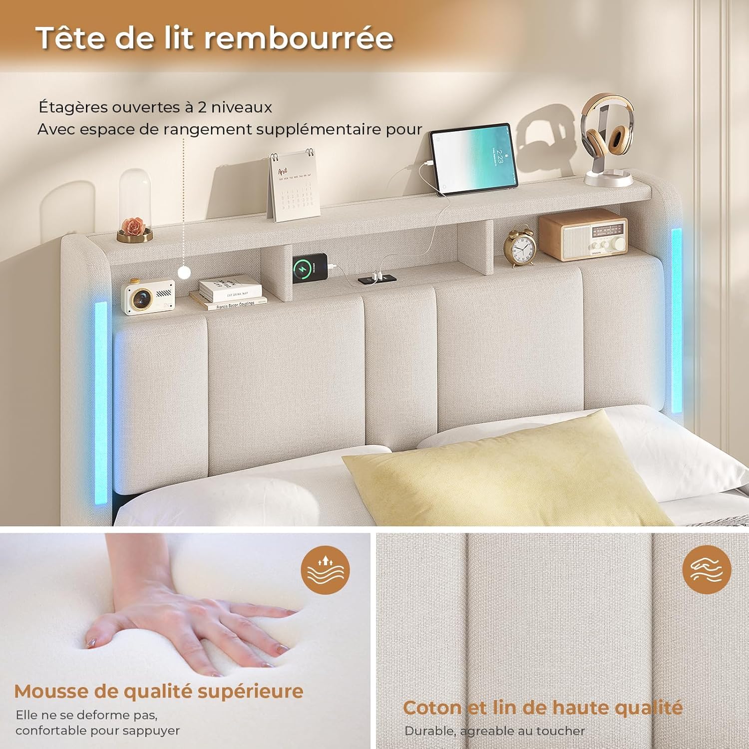 AOGLLATI Letto Matrimoniale con Contenitore 140x200 cm, Struttura Letto Matrimoniale con Illuminazione a LED e Stazione di Ricarica, Letto Imbottito con Sollevamento Idraulico e Testiera, Beige