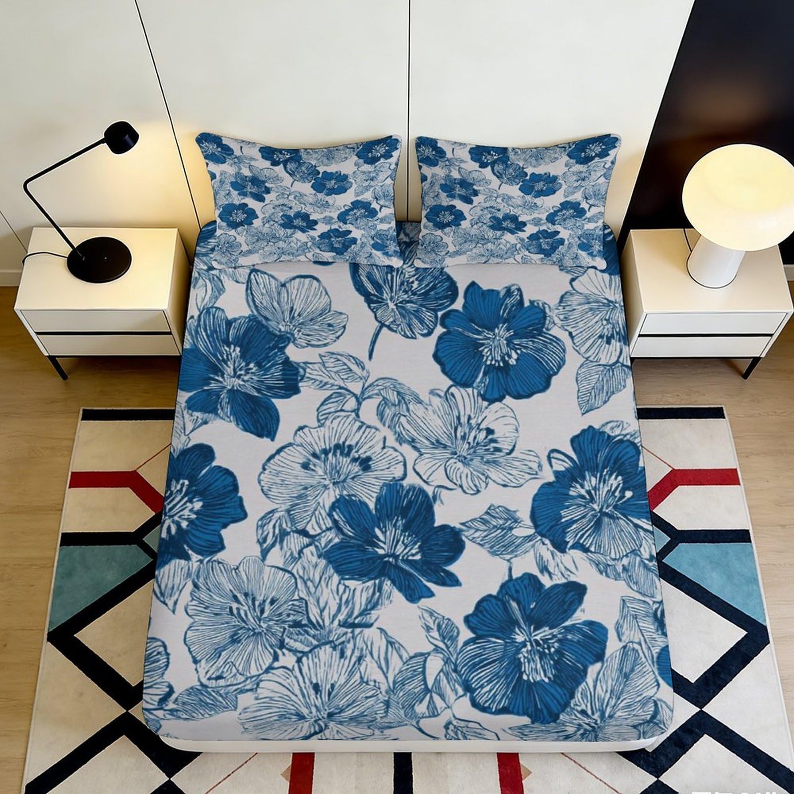 3D Printed Blue Floral Fitted Sheet Microfiber Soft Breathable Abstract Blossom Mattress Cover for Bedroom Dorm Décor 90x200x25cm