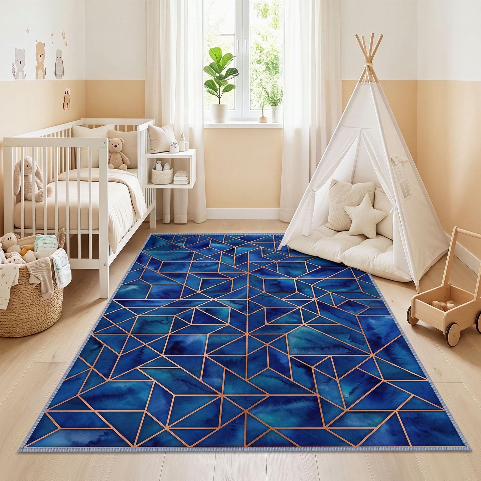 Nowoczesny geometryczny dywan do salonu 140 x 200 cm, można prać w pralce Antypoślizgowe duże wielokąty ciemnoniebieskie, miękki dywan z krótkim włosiem do biura, sypialni, jadalni