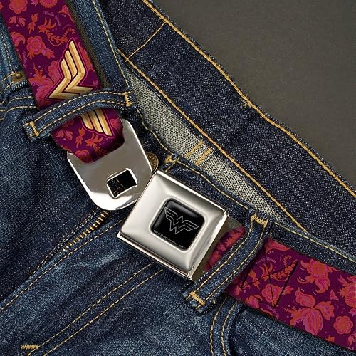 Miniatura 2 de Cinturón de seguridad con hebilla Wonder Woman LogoCollage Floral PúrpuraRosasOro 1.0" Ancho 20-36 pulgadas de longitud