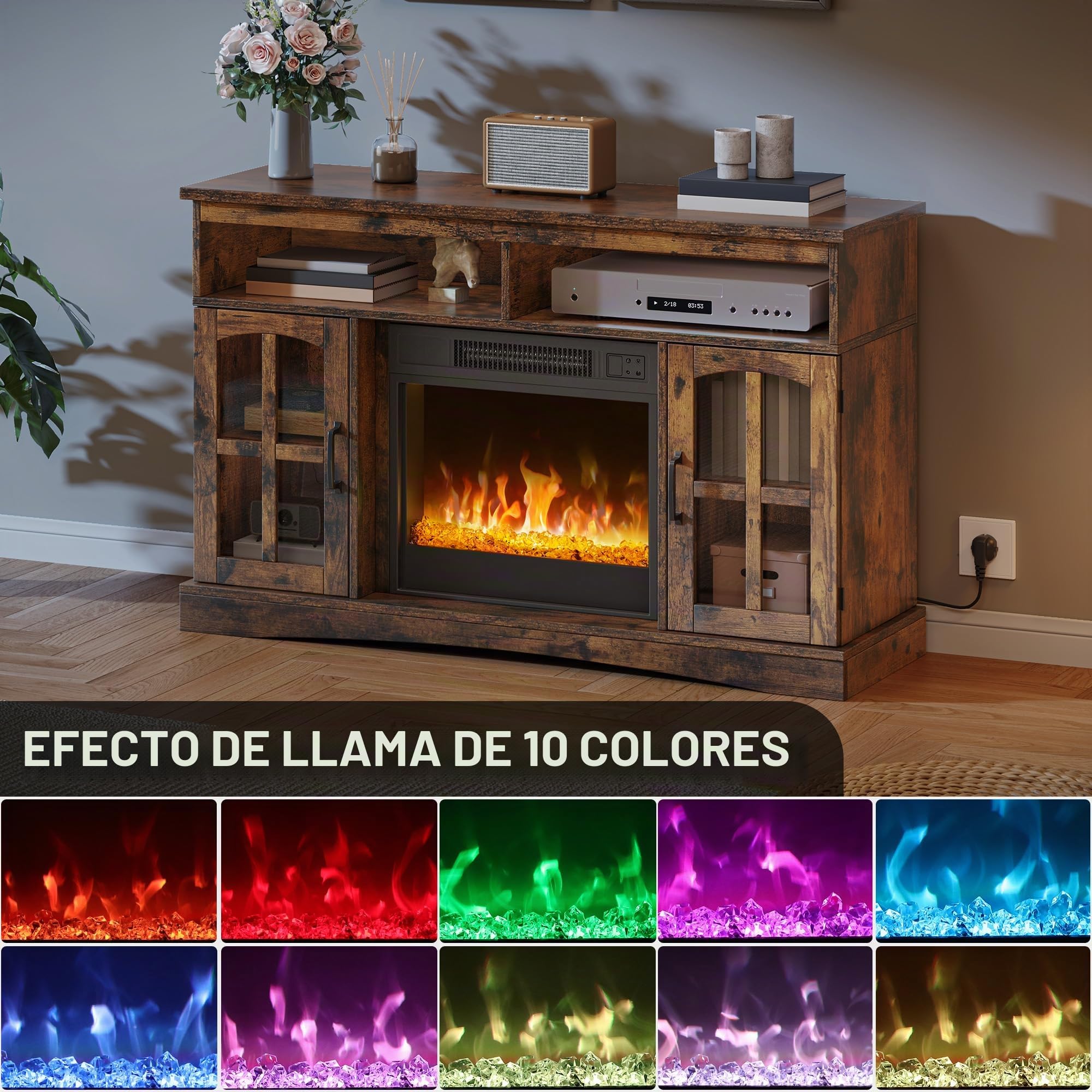 YITAHOME Chimenea eléctrica con calefacción, Chimenea eléctrica para la Sala de Estar con Efecto de Llama, Llama Ajustable, Temporizador de 1-8 Horas, protección contra sobrecalentamiento, función de