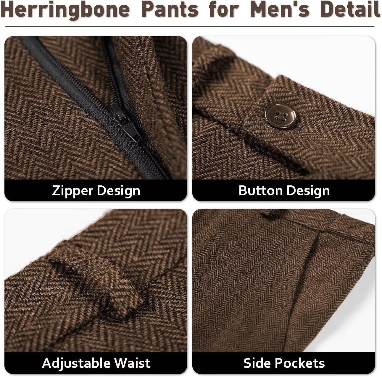 Men's 3 Piece Tweed Suit Retro Herringbone Lapel Blazer Vest Pants Set for Wedding Business