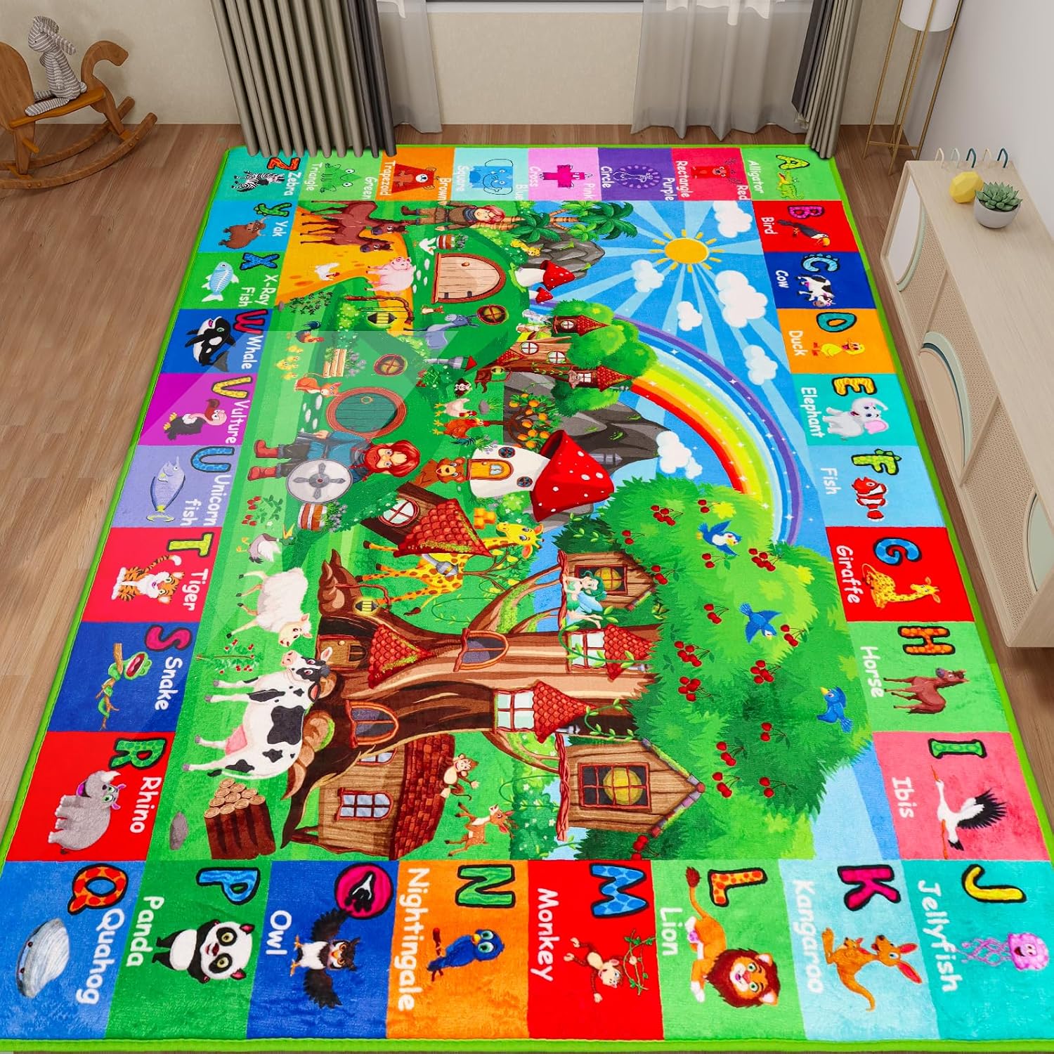 ABC Kids Rug for Playroom 59"×39.4" Hobbit House Educational Kids Playmat Alphabet Animal & Shape Learning, Premium Non-Slip Playmat for Toddlers Letters Farm Animals Color Classroom Carpet