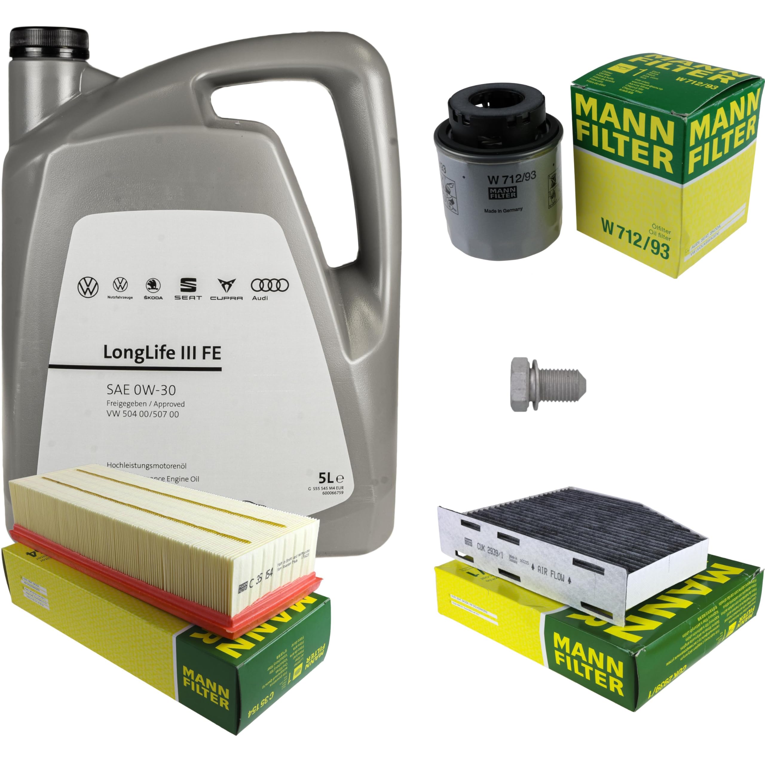 Pacchetto di ispezione pacchetto di manutenzione filtro con 5 l 0W-30 olio motore LongLife 3 FE, filtro dell'olio, filtro dell'aria abitacolo (carbone attivo) vite di scarico dell'olio