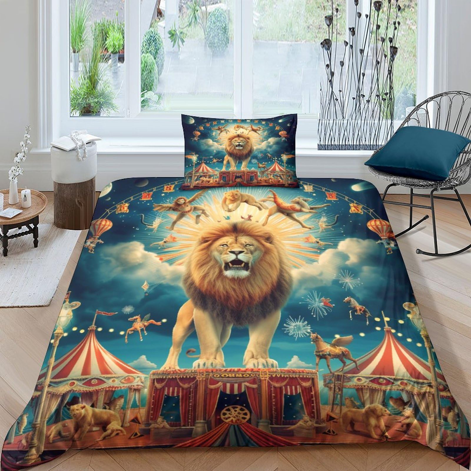 Parure de lit lion 135x200 cm avec housse de couette en microfibre et taies
