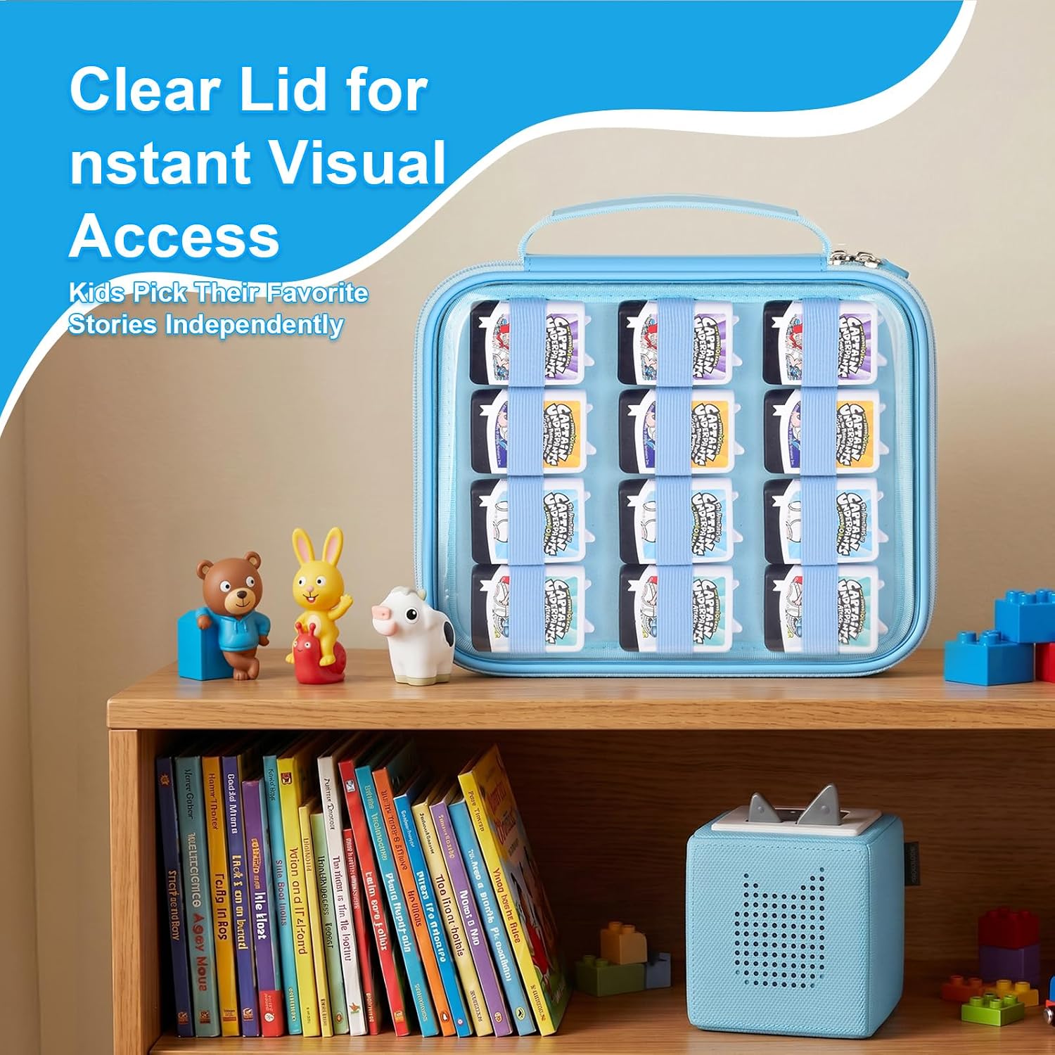 PAIYULE Hard Case for Tonies Audiobook Play Figures & 4-Pack Sets, Organizer with Clear Top for Travel, Present, and Collection Display- Blue (Case Only)