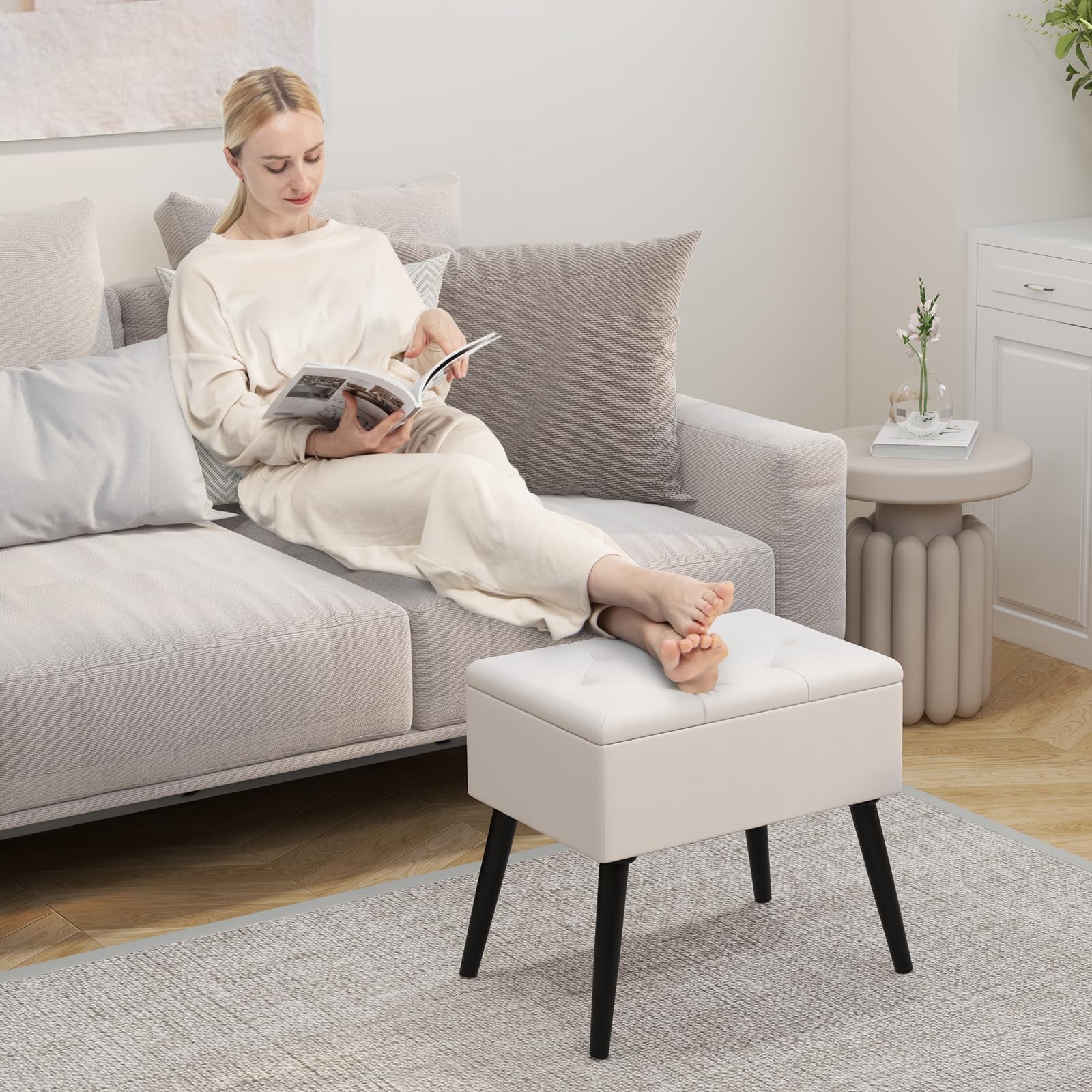 COSTWAY Tabouret Coiffeuse avec Rangement, Pouf Rangement en Velours, Pieds en Bois Massif, Siège Rembourré Rabattable, Banc Chaussures Entrée, pour Chambre Salon Coiffeuse, Charge 150 kg (Beige)