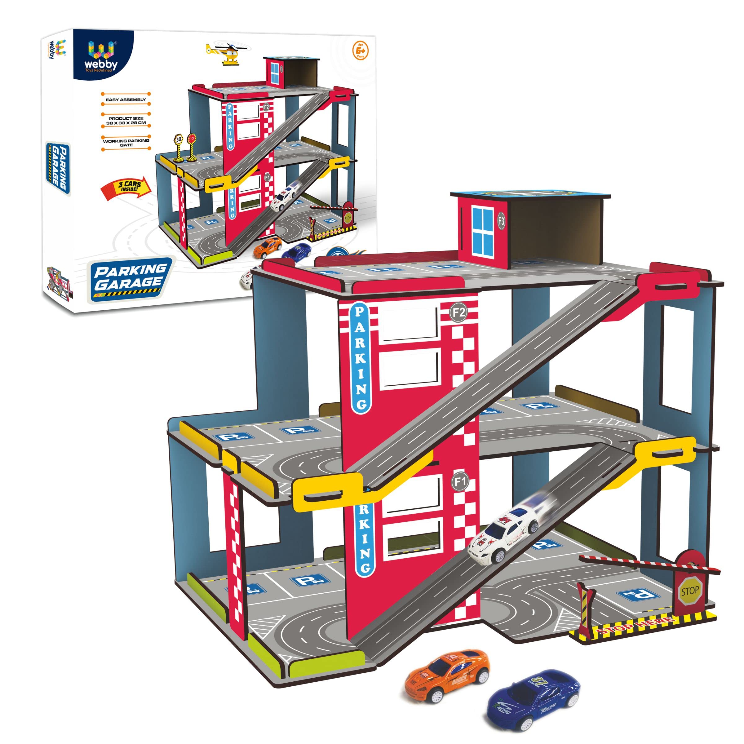 Webby Multilevel Parking Garage Playset with 3 Pullback Metal Cars, Parking Gate, Sign Boards and Helicopter for Boys and Girls - Image 2 thumbnail