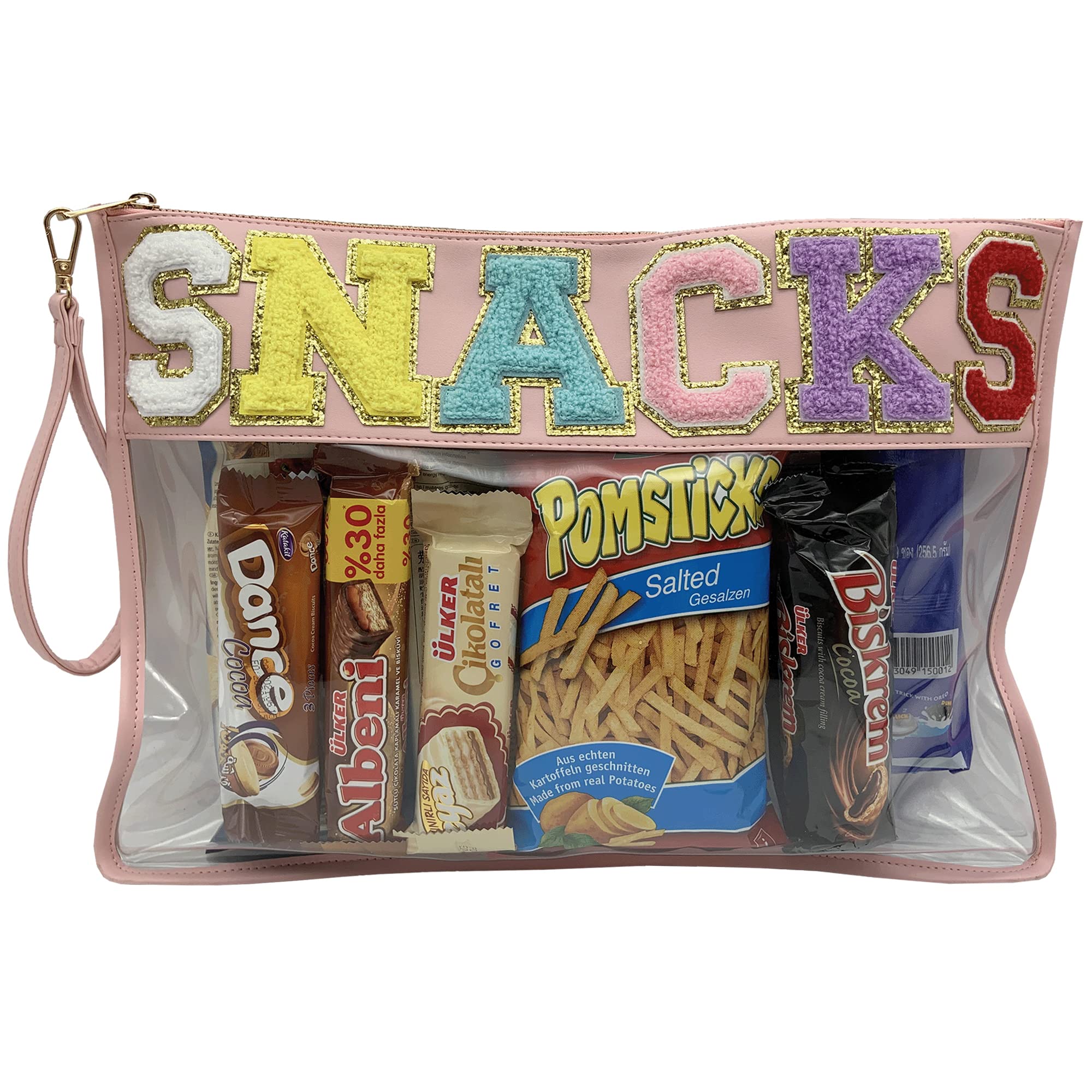 Chenille Letter Clear Bag Purse Multi-purpose Transparent Waterproof Snacks Makeup Tote Bag with Wrist Strap