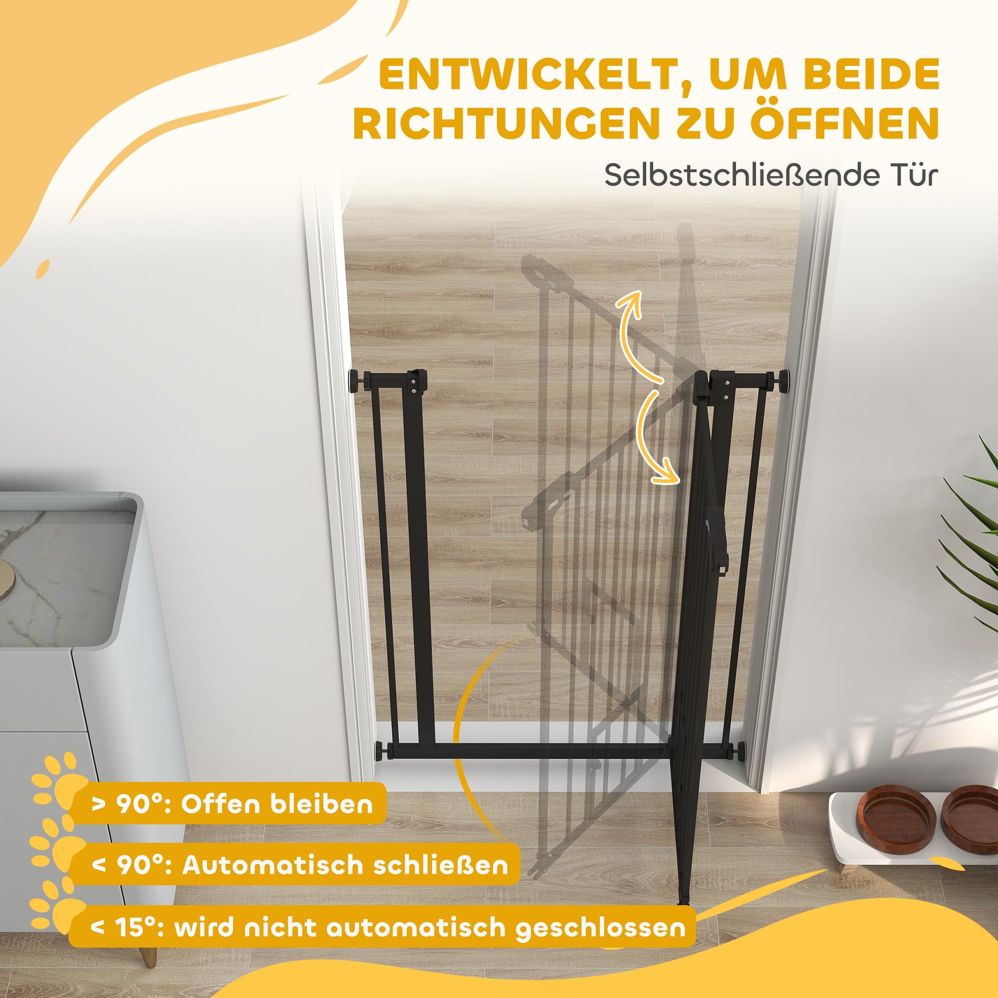PawHut Protector de Puerta para Perros, Protector de Escalera, 74-80 cm Protector de Puerta para Perros, Protector de Escalera, Puerta de Seguridad, Cierre automático, Acero, Negro