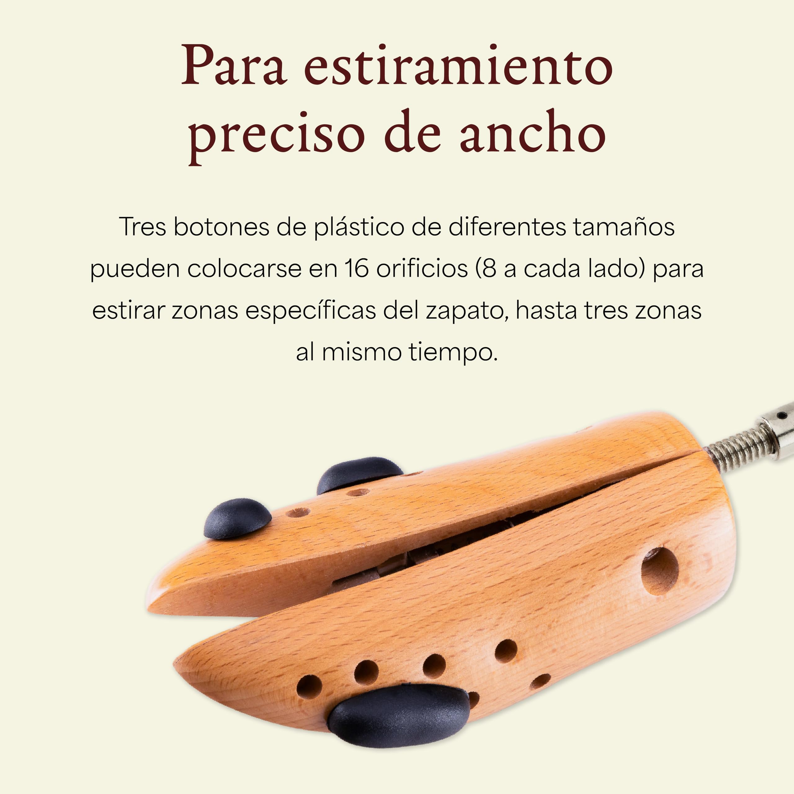 Langer & Messmer alargador de zapatos para mujer contra pellizcos en zapatos o botas - de madera maciza de haya y mecanismo metálico - se estira a lo ancho y a lo largo incl. spray alargador de cuero