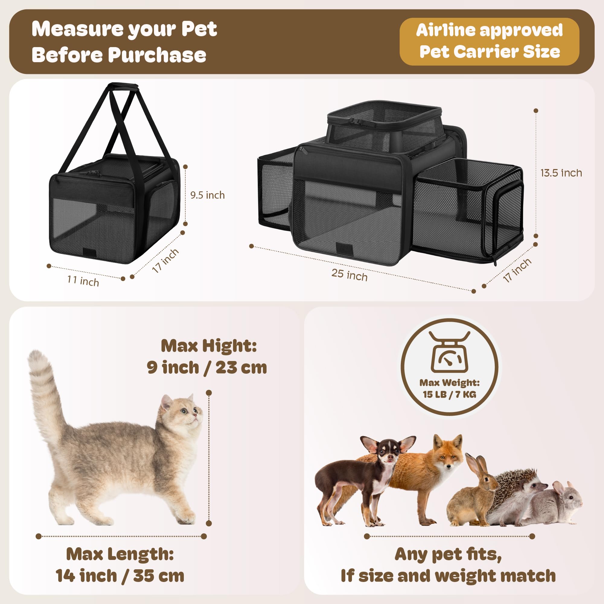 Top and 2 Sides Expandable Pet Carrier 17x11x9.5, TSA Airline Approved Small Dog Carriers for Small Dogs, Soft-Sided Cat Carrier with Self-Locking Zippers for Kitten,Rabbit, Puppy, Guinea Pig Pink - image 4