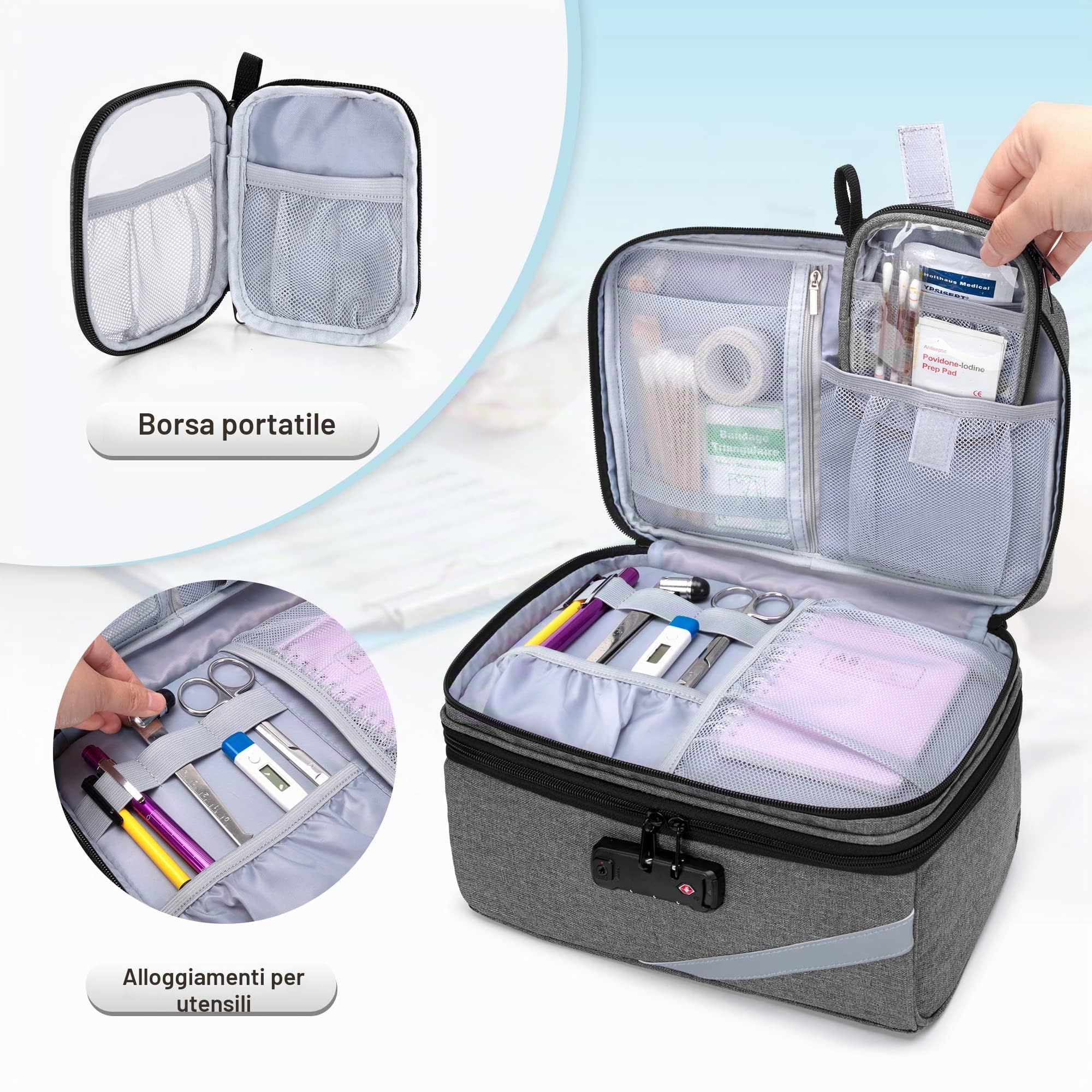 Trunab Borsa Medica Piccola con Lucchetto a Combinazione, Borsa da Viaggio Medica Chiudibile con Mini Custodia per Casa, Viaggio, Emergenza, Grigio (Borsa Vuota), Design Brevettato