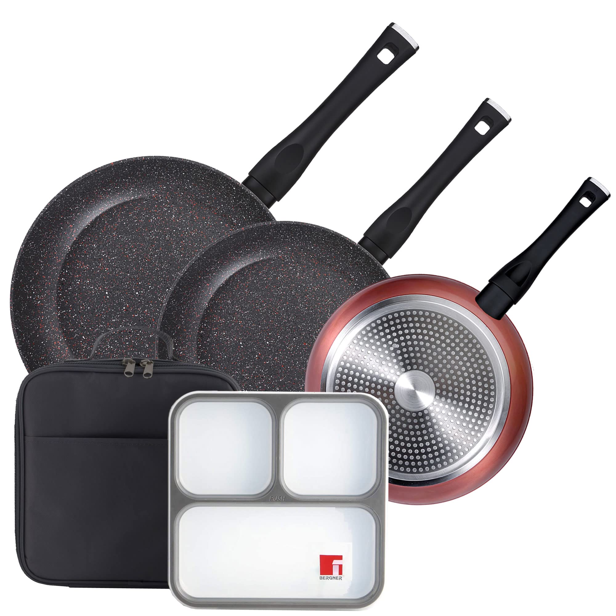PACK DE 3 SARTENES Ø20/24 y 28 cms + SET HERMÉTICO ULTRA FINO CON BOLSA ISOTÉRMICA