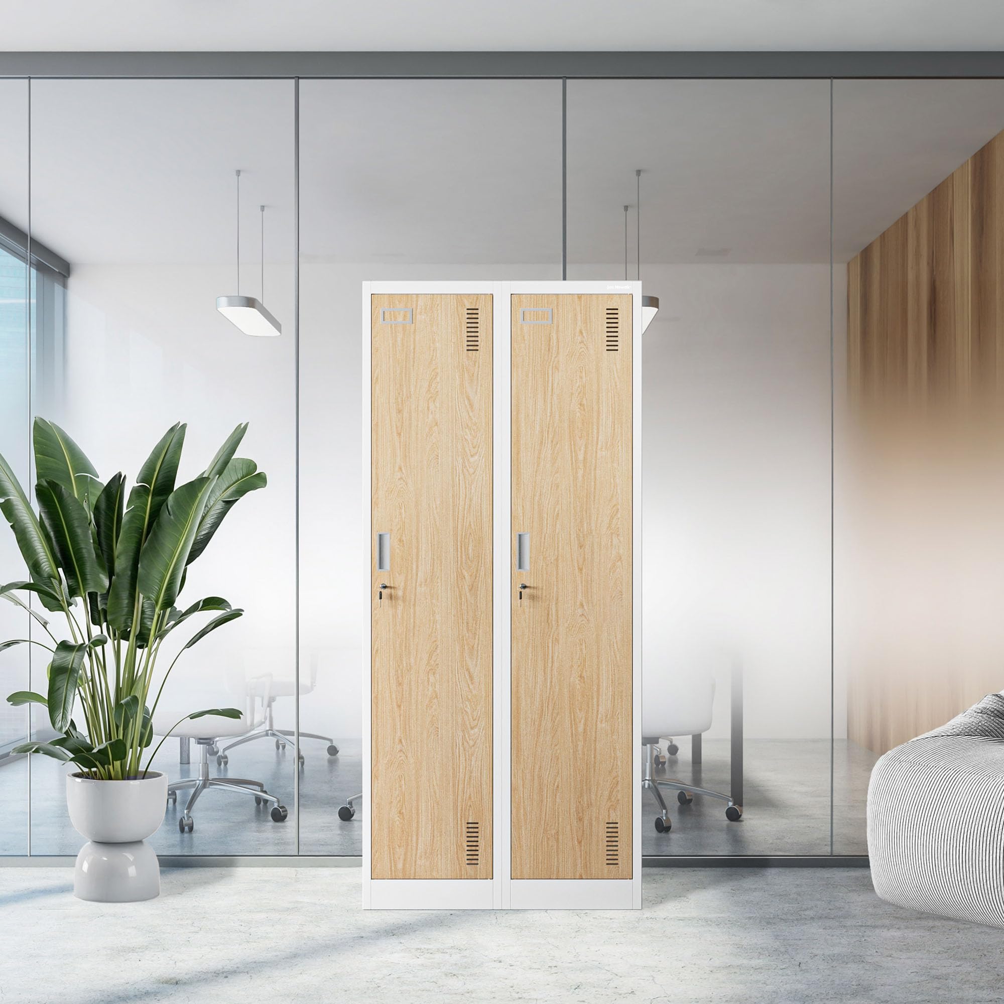 Taquilla Doble Armario Vestuario 2B1A Metalico Puertas con bisagras Ranuras de ventilación Pintura en Polvo Pared divisoria 180 cm x 80 cm x 50 cm (Aspecto de madera blanca)