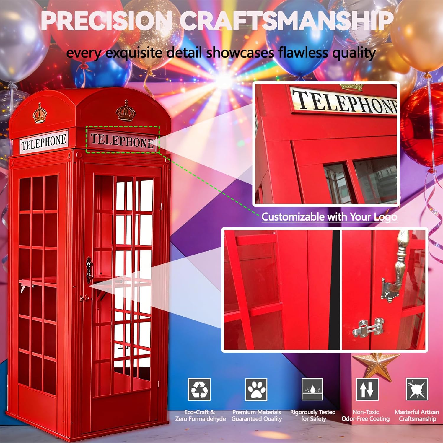 Classic British Red Telephone Booth Replica - Cast Iron Wedding & Garden Decor, Vintage London Photo Booth for Events, Customizable Indoor Outdoor Centerpiece (White, 2.4m/95in)
