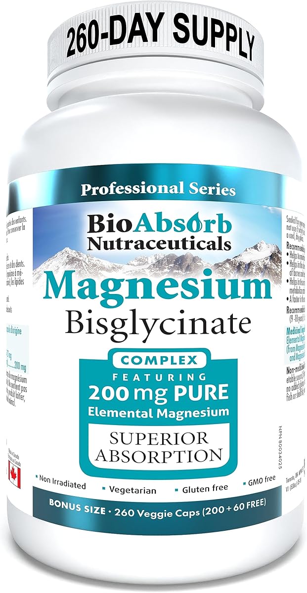 Bio Absorb Nutraceuticals Magnesium Bisglycinate/Glycinate Supplement. 200mg of Chelated Elemental Magnesium. 260 Vegan Capsules (260-Day Supply)