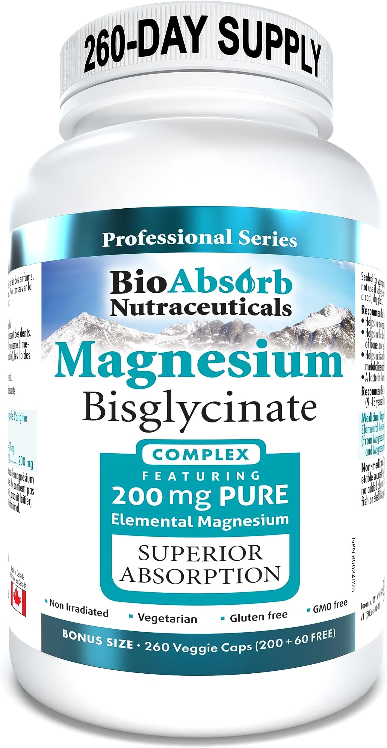 Bio Absorb Magnesium Glycinate/Bisglycinate Supplement. 200mg of Chelated Elemental Magnesium. 260 Vegan Capsules (260-Day Supply)